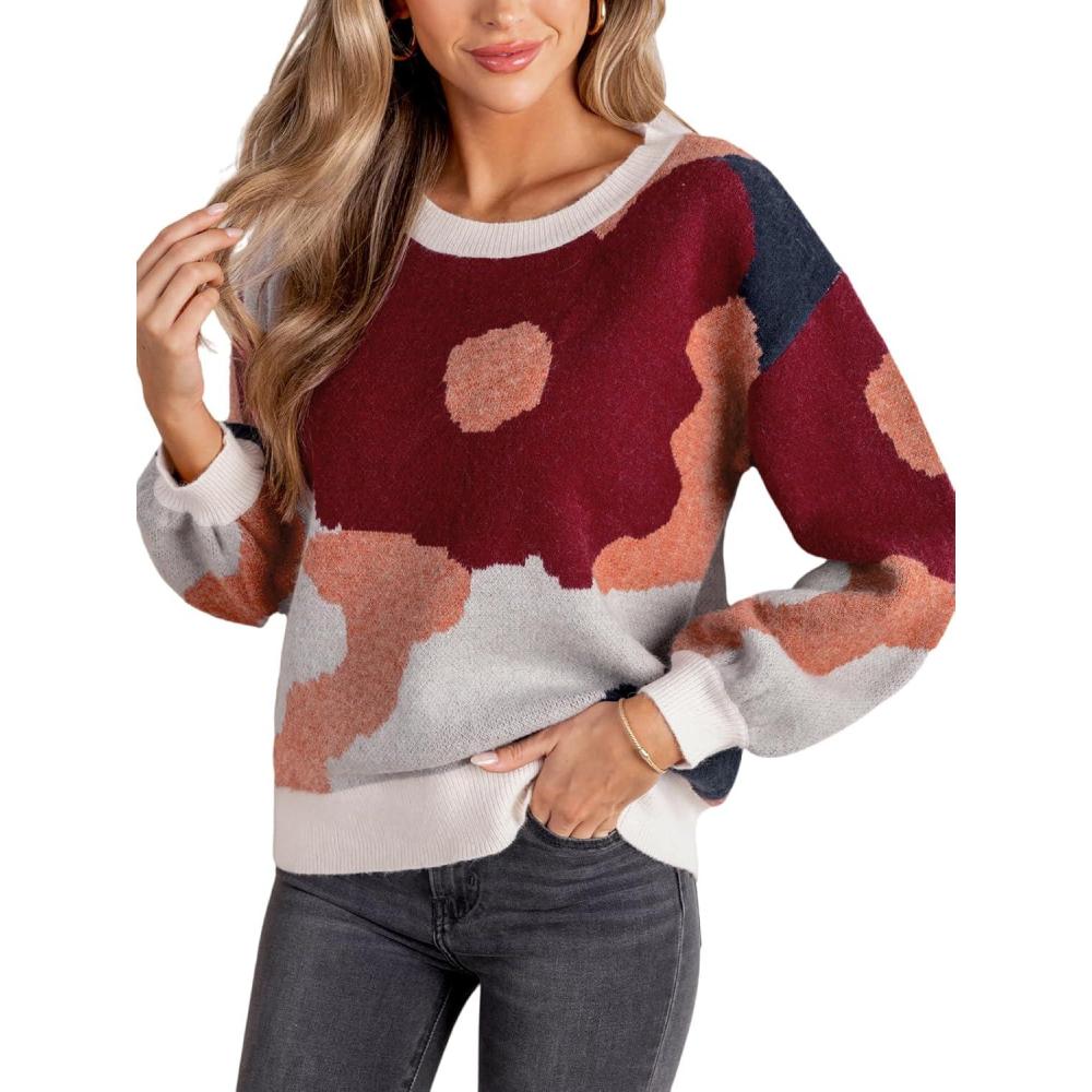 imageCUPSHE Womens 2024 Chunky Sweater Long Sleeve Crew Neck Abstract Colorblock Ribbed Knit Pullover TopsRed