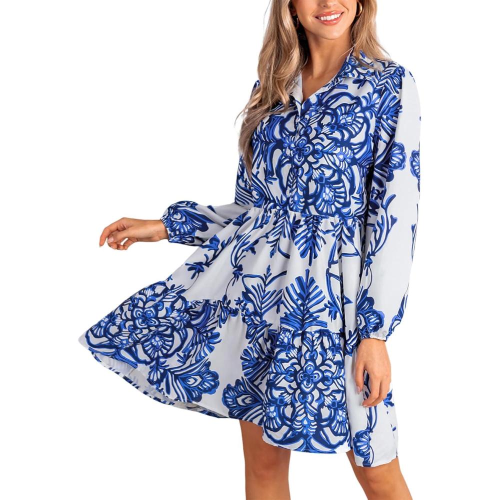 imageCUPSHE Womens 2025 Fall Dress Long Sleeve V Neck Button Floral Tunic Ruffled Casual Flowy Mini Summer DressBlue Floral