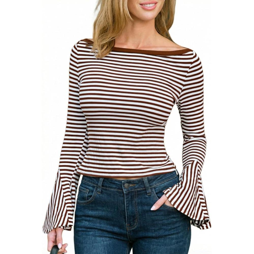 imageCUPSHE Womens Bell Long Sleeve Shirts Striped Casual Going Out Tops Boat Neck Fitted Y2K ClothesBrown White
