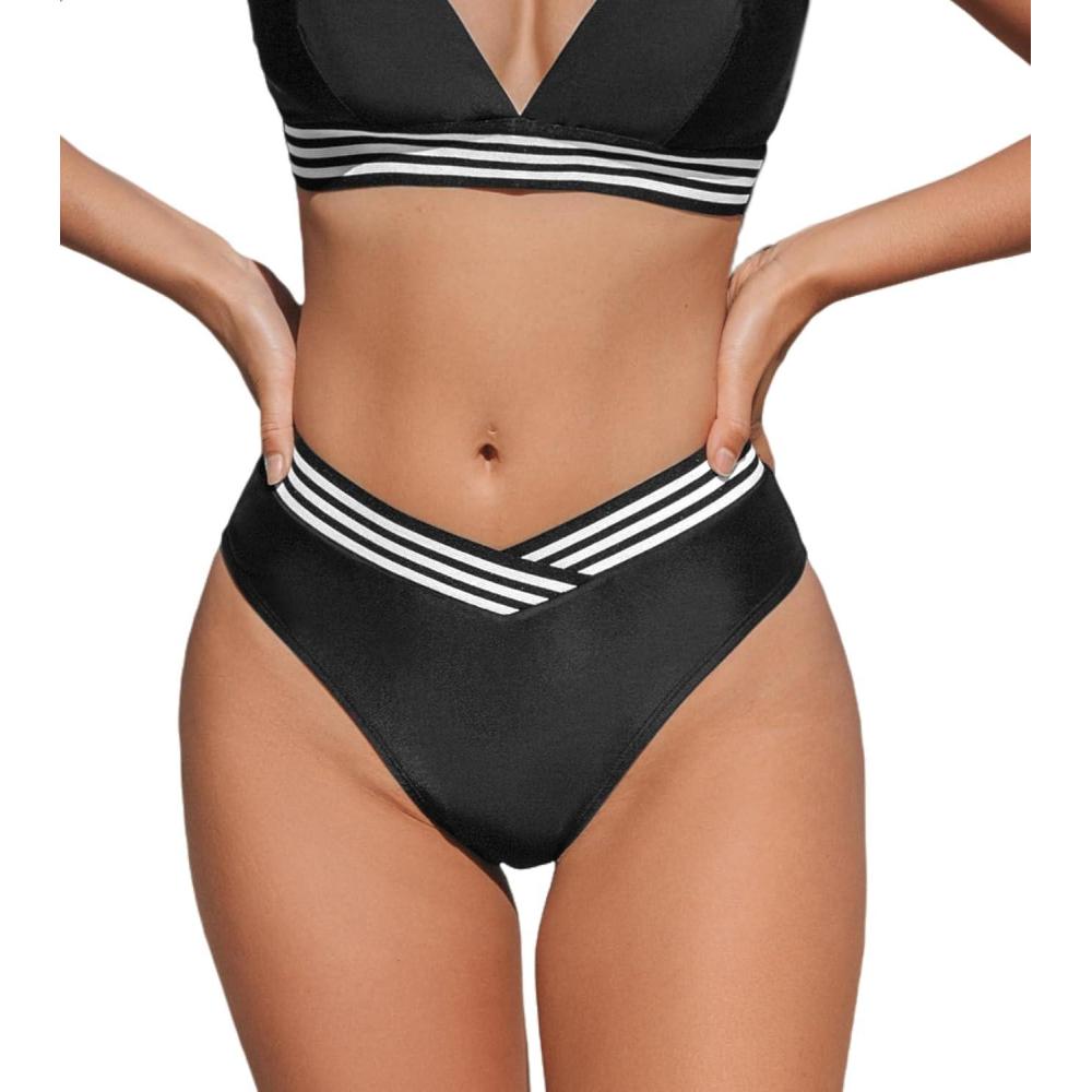imageCUPSHE Womens Bikini Bottom High Waisted V Cut Swimsuit Bottom Only Full CoverageBlackWhite