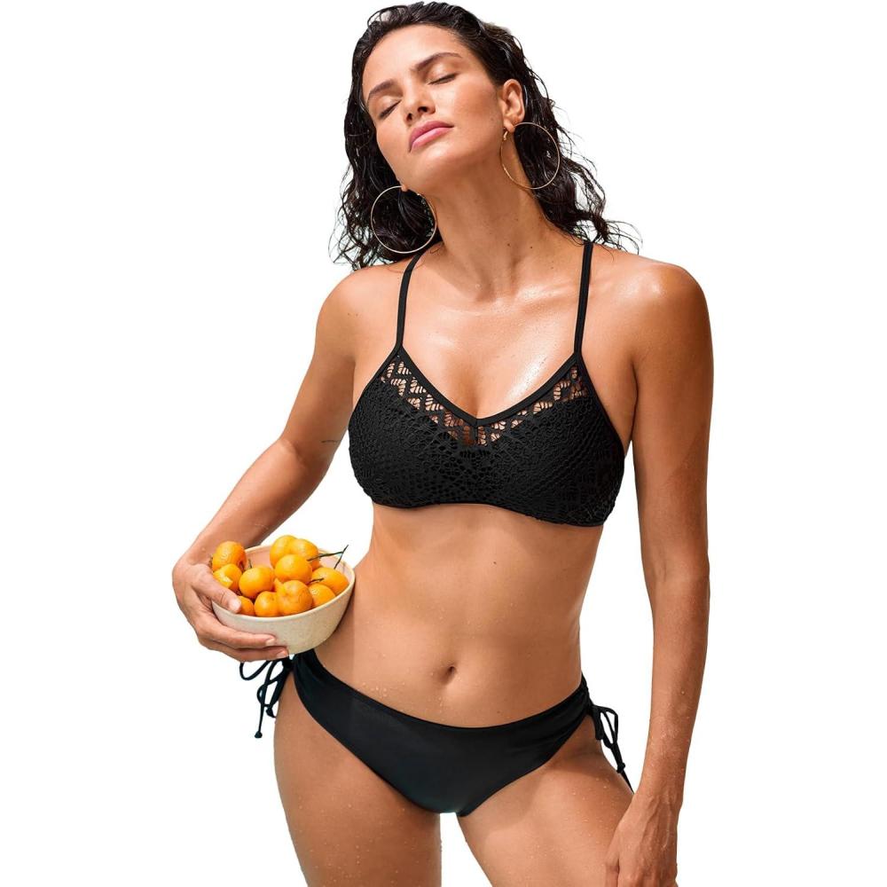 imageCUPSHE Womens Bikini Set Sexy V Neck Two Piece Swimsuit Lace Bathing Suit Crisscross Self TieBlack