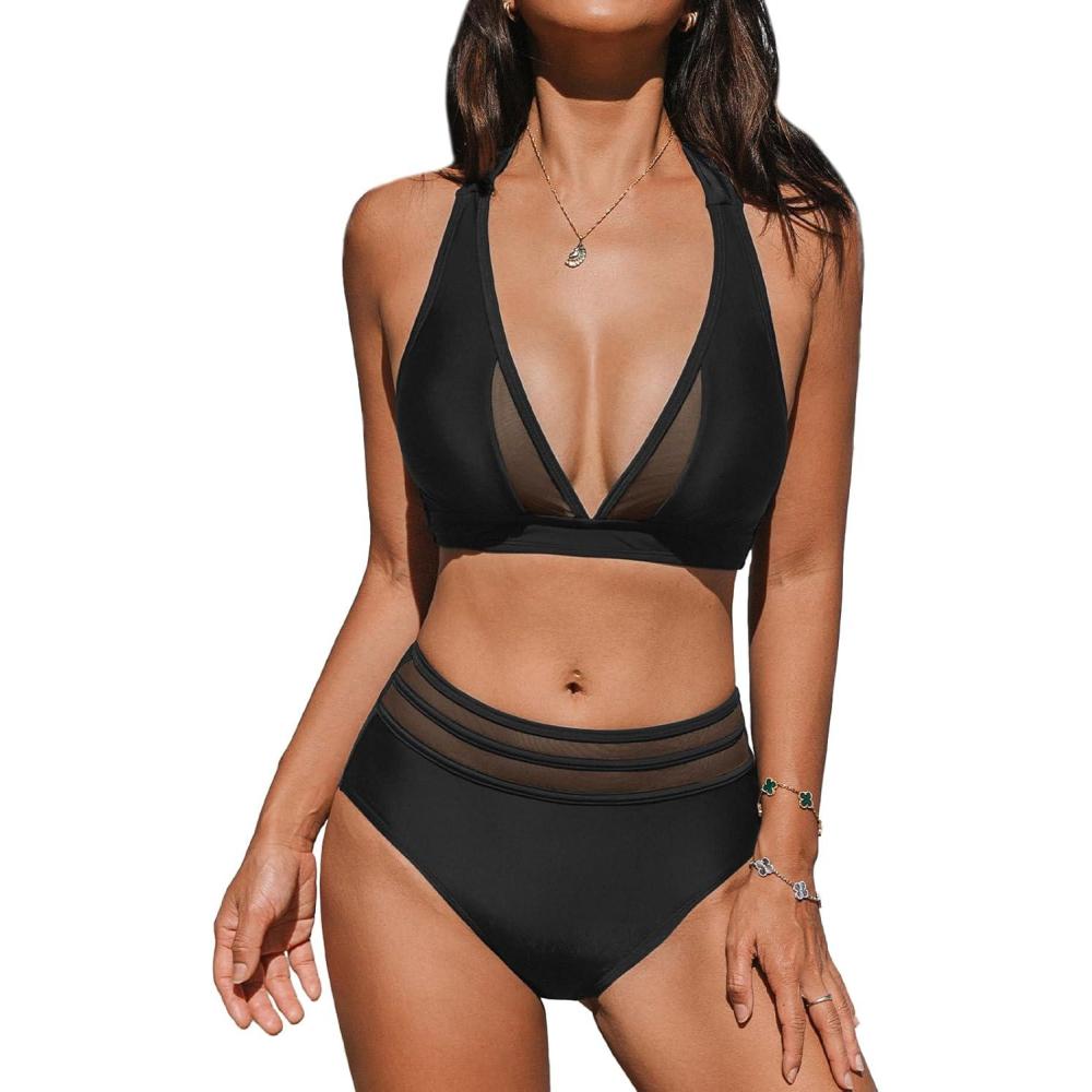 imageCUPSHE Womens Bikini Sets Halter V Neck Tie Back Bathing Suit Mesh Panel High Waisted BottomBlack