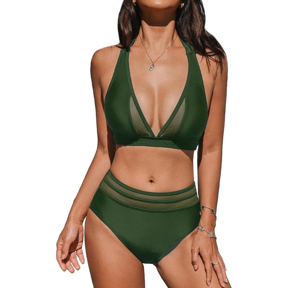imageCUPSHE Womens Bikini Sets Halter V Neck Tie Back Bathing Suit Mesh Panel High Waisted BottomForest Green