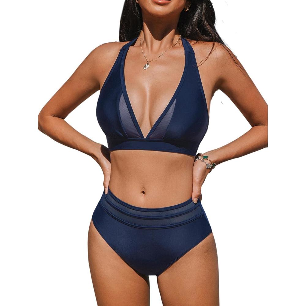 imageCUPSHE Womens Bikini Sets Halter V Neck Tie Back Bathing Suit Mesh Panel High Waisted BottomNavy