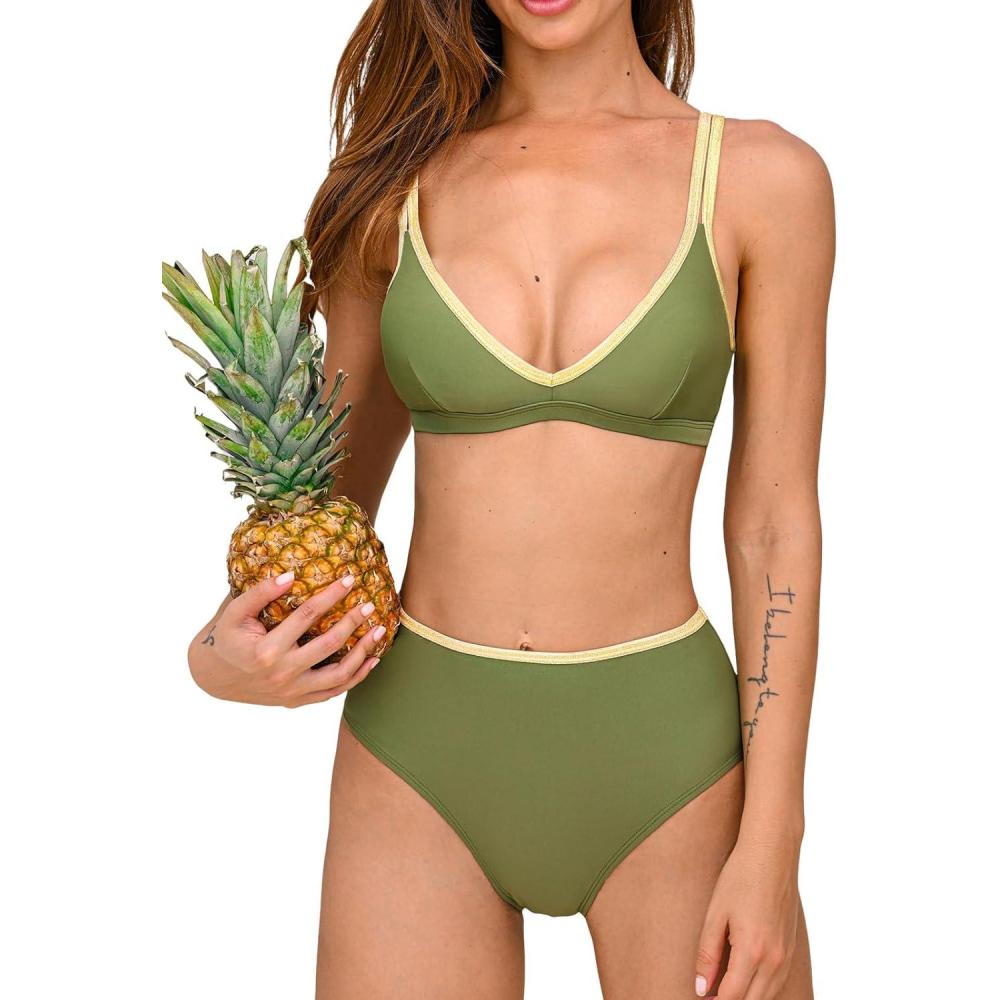 imageCUPSHE Womens Bikini Sets High Waisted Two Piece Swimsuit V Neck Color Block Full Coverage Bathing Suit Lace Up BackOlive Green