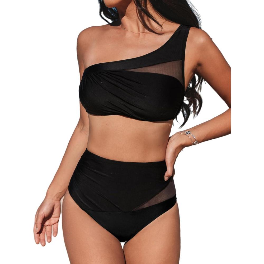 imageCUPSHE Womens Bikini Sets One Shoulder Two Piece Swimsuit High Waisted Asymmetrical Neck Ruched Cutout MeshBlack