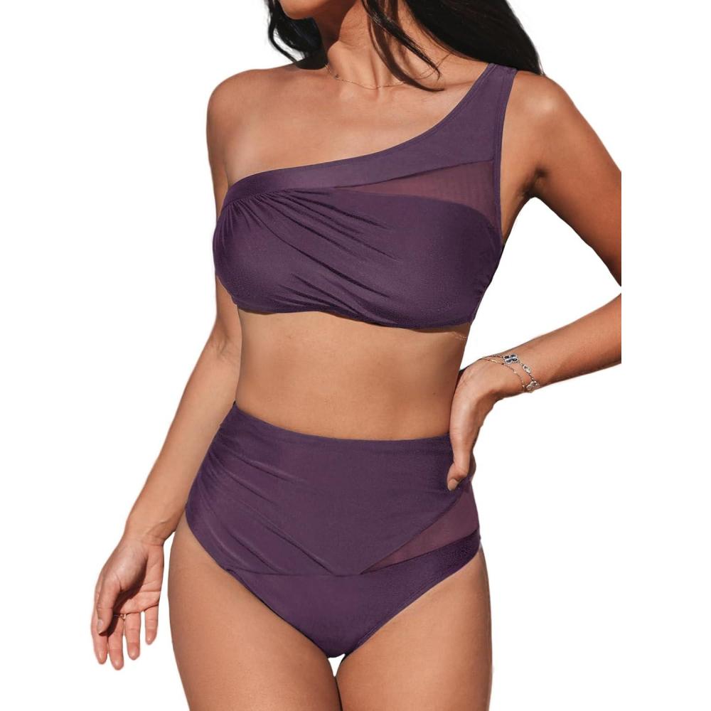 imageCUPSHE Womens Bikini Sets One Shoulder Two Piece Swimsuit High Waisted Asymmetrical Neck Ruched Cutout MeshPlum Purple