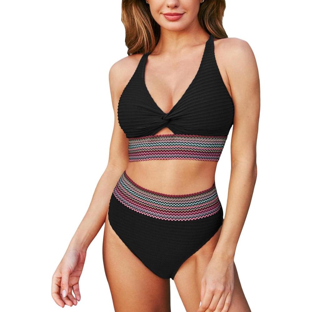 imageCUPSHE Womens Bikini Sets Two Piece Bathing Suit High Waisted Twist Cutout V Neck Swimsuit KeyholeBlack