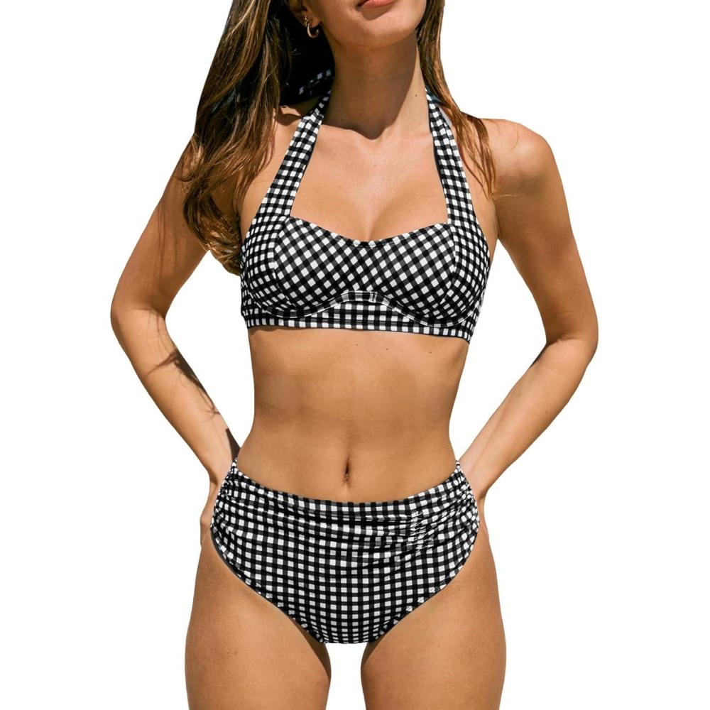 imageCUPSHE Womens Bikini Sets Two Piece Sweetheart Neck Swimsuit Underwire Halter Bathing Suit Wide Straps Self TieBlackWhite Plaid