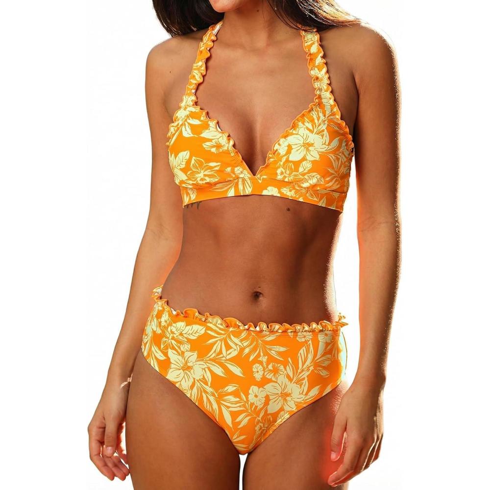 imageCUPSHE Womens Bikini Sets Two Piece Swimsuit Halter Tie Bathing Suit V Neck Mid Rise Ruffle Back HookOrange Floral