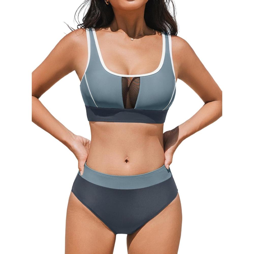 imageCUPSHE Womens Bikini Sets Two Piece Swimsuit High Waisted Scoop Neck Bathing Suit Color Block SwimwearDark TealDark Grey