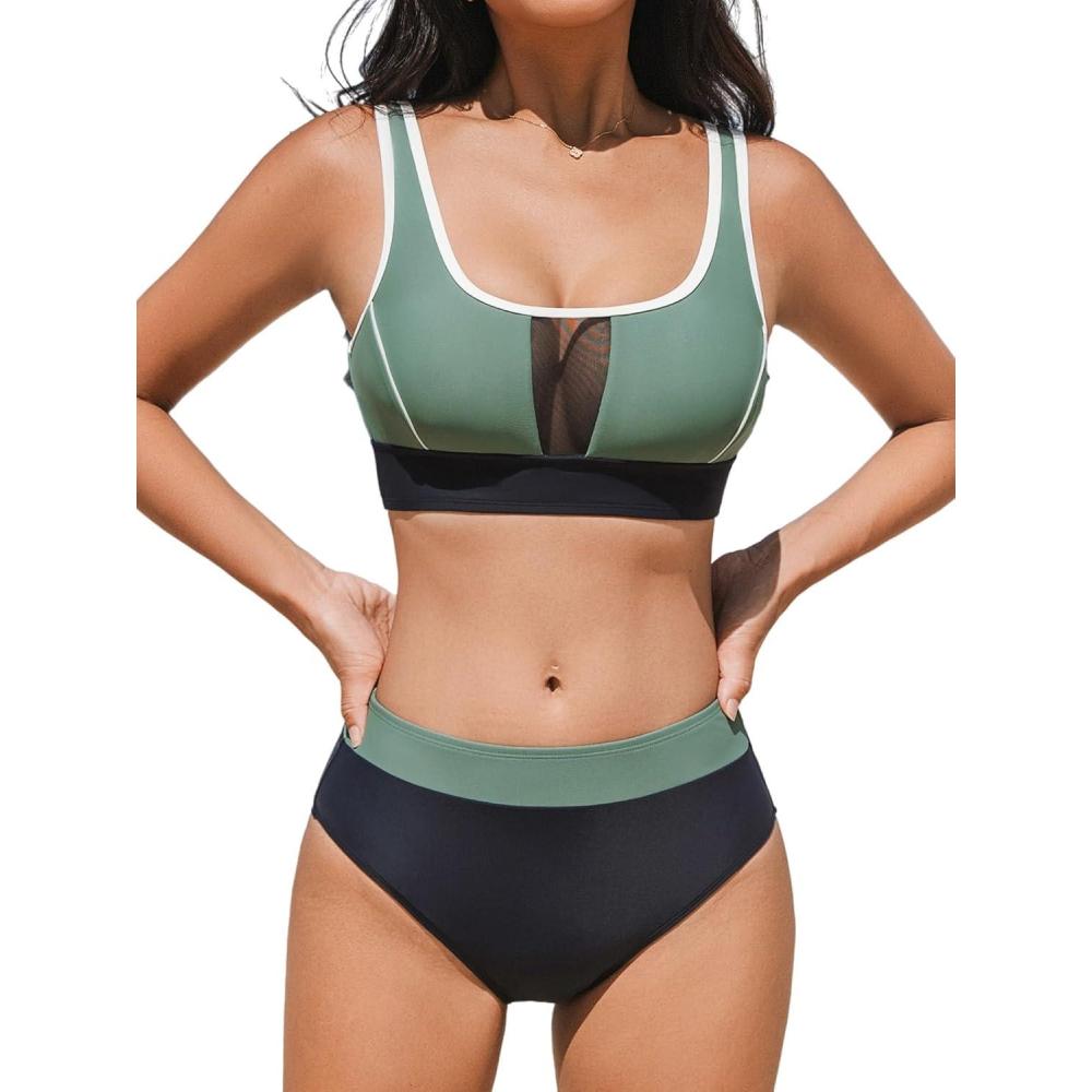imageCUPSHE Womens Bikini Sets Two Piece Swimsuit High Waisted Scoop Neck Bathing Suit Color Block SwimwearSage GreenNavy Blue