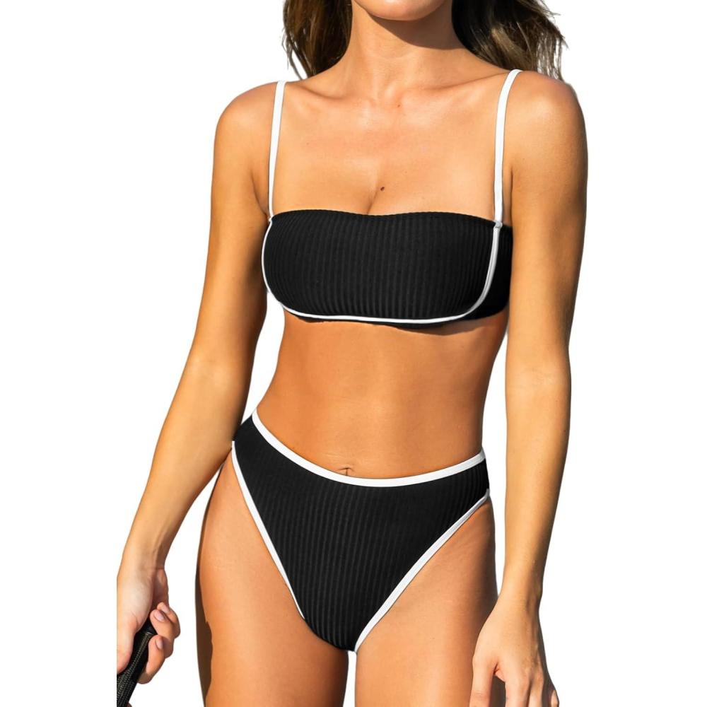 imageCUPSHE Womens Bikini Sets Two Piece Swimsuit High Waisted Square Neck Back Hook Color Block Cheeky BottomBlackBeige