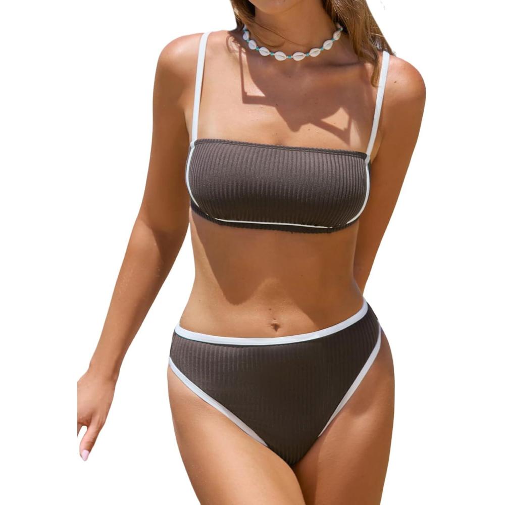 imageCUPSHE Womens Bikini Sets Two Piece Swimsuit High Waisted Square Neck Back Hook Color Block Cheeky BottomDark BrownWhite