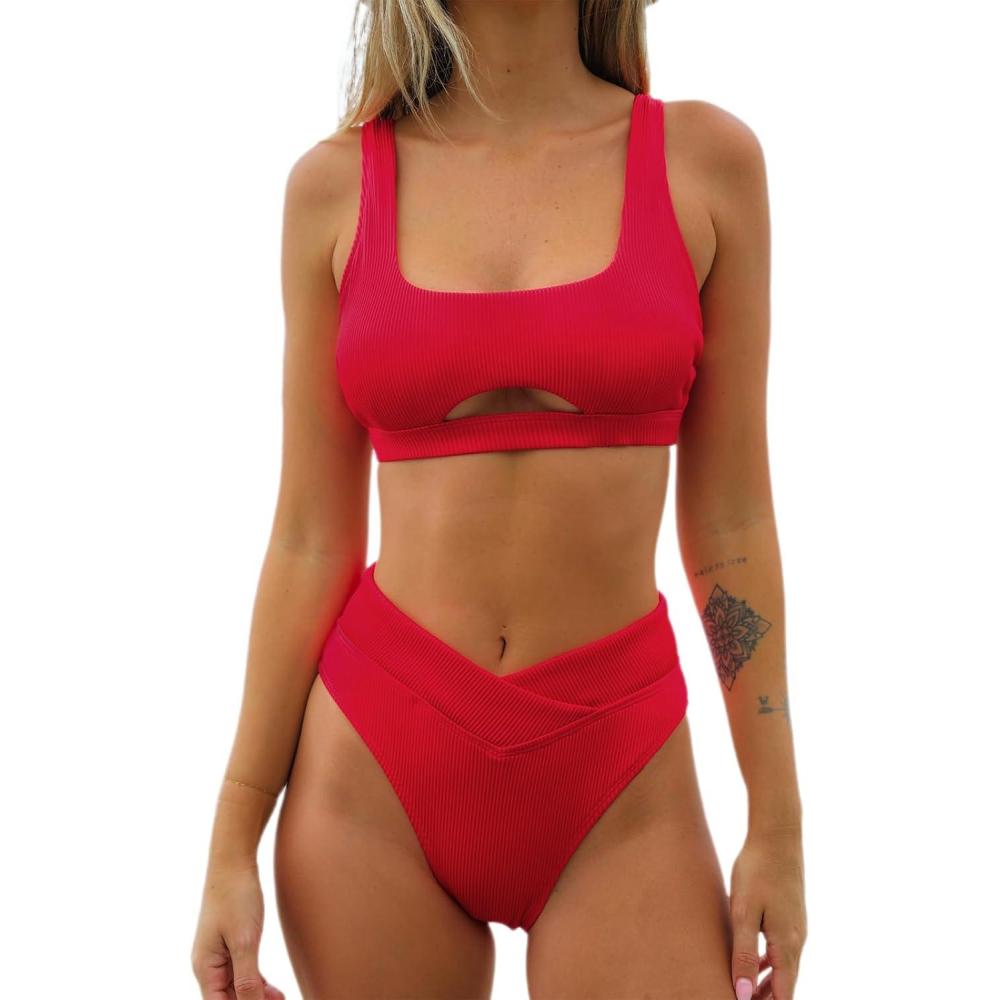 imageCUPSHE Womens Bikini Sets Two Piece Swimsuit High Waisted Square Neck Cutout Wide Straps Tank High Cut Cheeky BottomCrimson Red