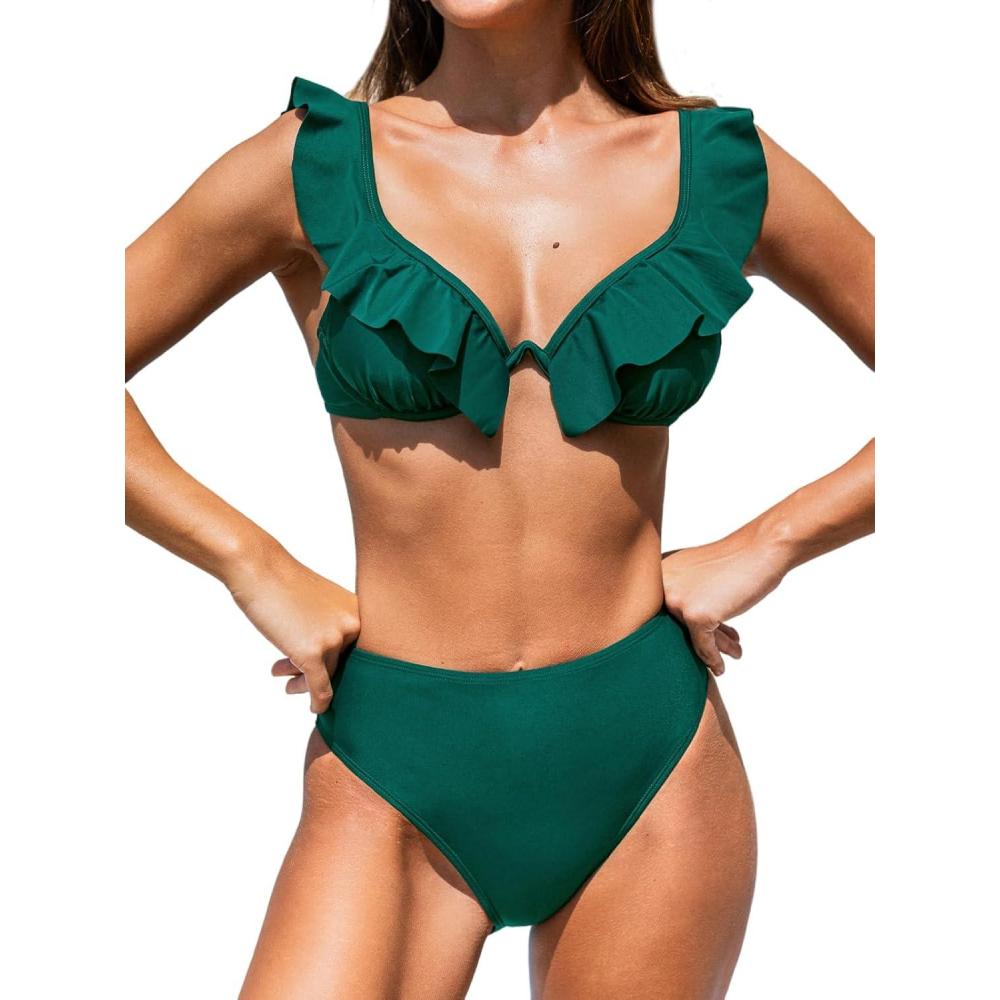 imageCUPSHE Womens Bikini Sets Two Piece Swimsuit High Waisted Sweetheart Neck Underwire Ruffle Adjustable Straps Back HookDark Green