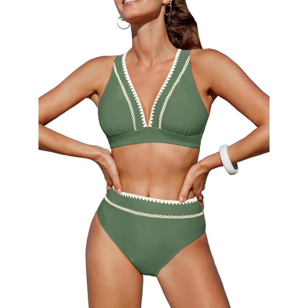 imageCUPSHE Womens Bikini Sets Two Piece Swimsuit High Waisted V Neck Crisscross Back Self Tie Color Block Wide StrapsGreen