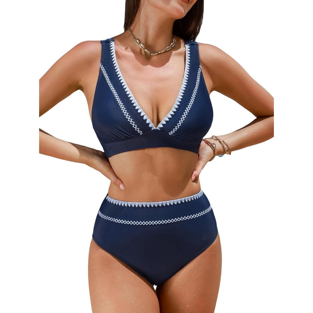 imageCUPSHE Womens Bikini Sets Two Piece Swimsuit High Waisted V Neck Crisscross Back Self Tie Color Block Wide StrapsNavy Blue