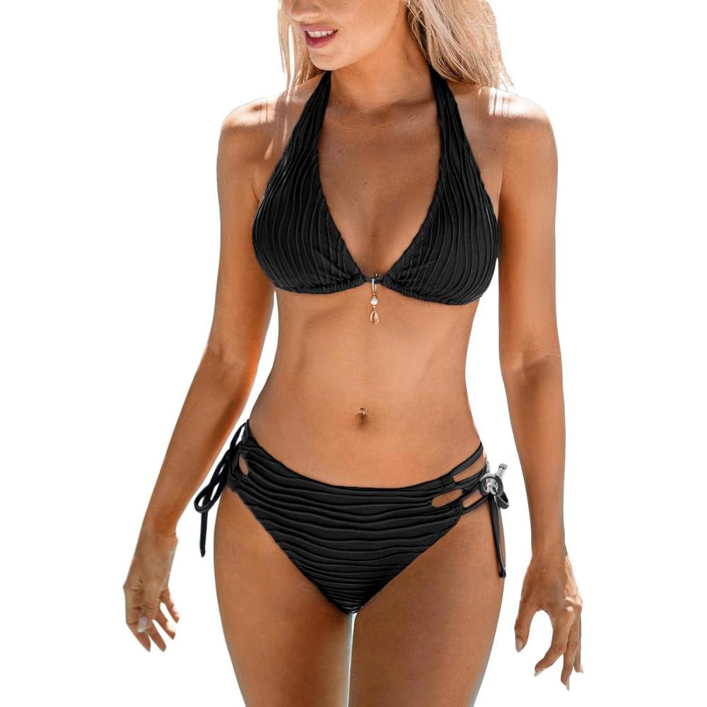 imageCUPSHE Womens Bikini Sets Two Piece Swimsuit Plunging Neck Halter Cheeky Bottom Low Rise Strappy Side TieBlack