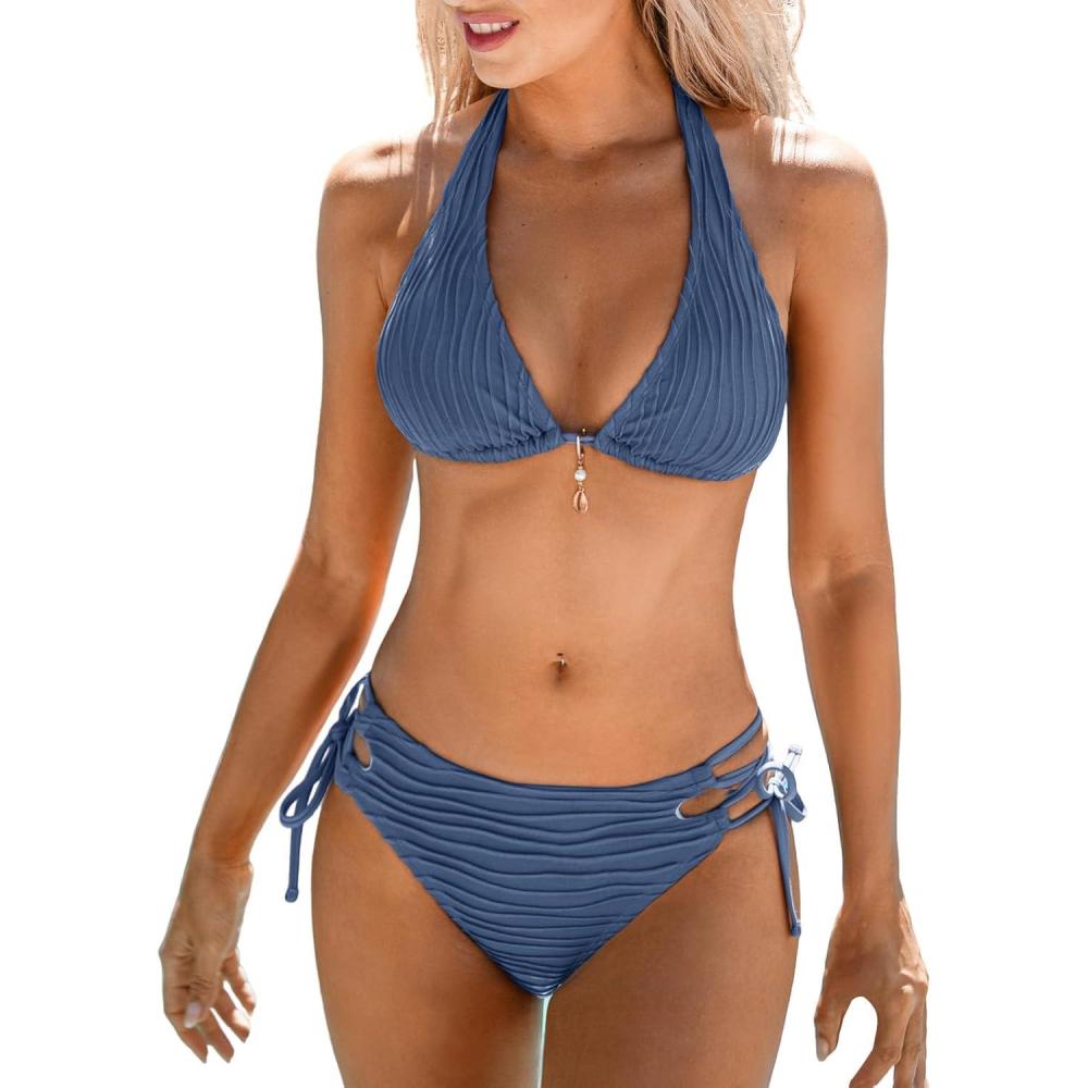 imageCUPSHE Womens Bikini Sets Two Piece Swimsuit Plunging Neck Halter Low Rise Cheeky Bottom Strappy Side Tie M Steel Blue