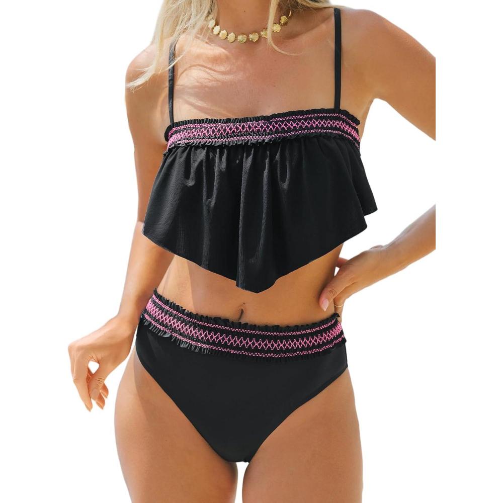 imageCUPSHE Womens Bikini Sets Two Piece Swimsuit Ruffled Square Neck Adjustable Straps Bathing Suits Back Hook StitchingBlackPink