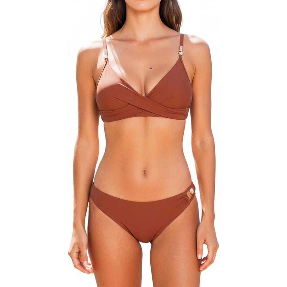 imageCUPSHE Womens Bikini Sets Two Piece Swimsuit with Bead V Neck Wrapped Front Bathing Suit Mid Rise Back HookWine Red