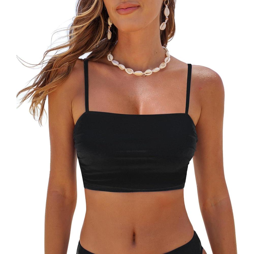imageCUPSHE Womens Bikini Top Swimsuit Ruching Bandeau Top Spaghetti Adjustable StrapsBlack