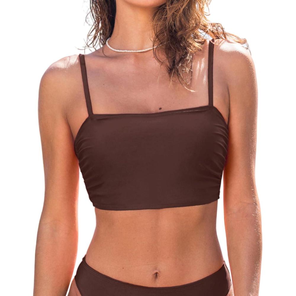 imageCUPSHE Womens Bikini Top Swimsuit Ruching Bandeau Top Spaghetti Adjustable StrapsChocolate Brown
