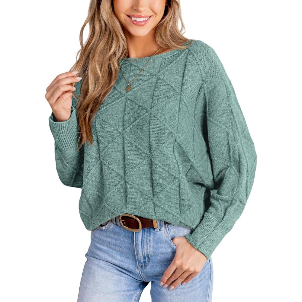 imageCUPSHE Womens Casual Boat Neck Sweaters Fall 2024 Soft Long Batwing Sleeve Pullover Jumper Tops Knit OutfitsGreen