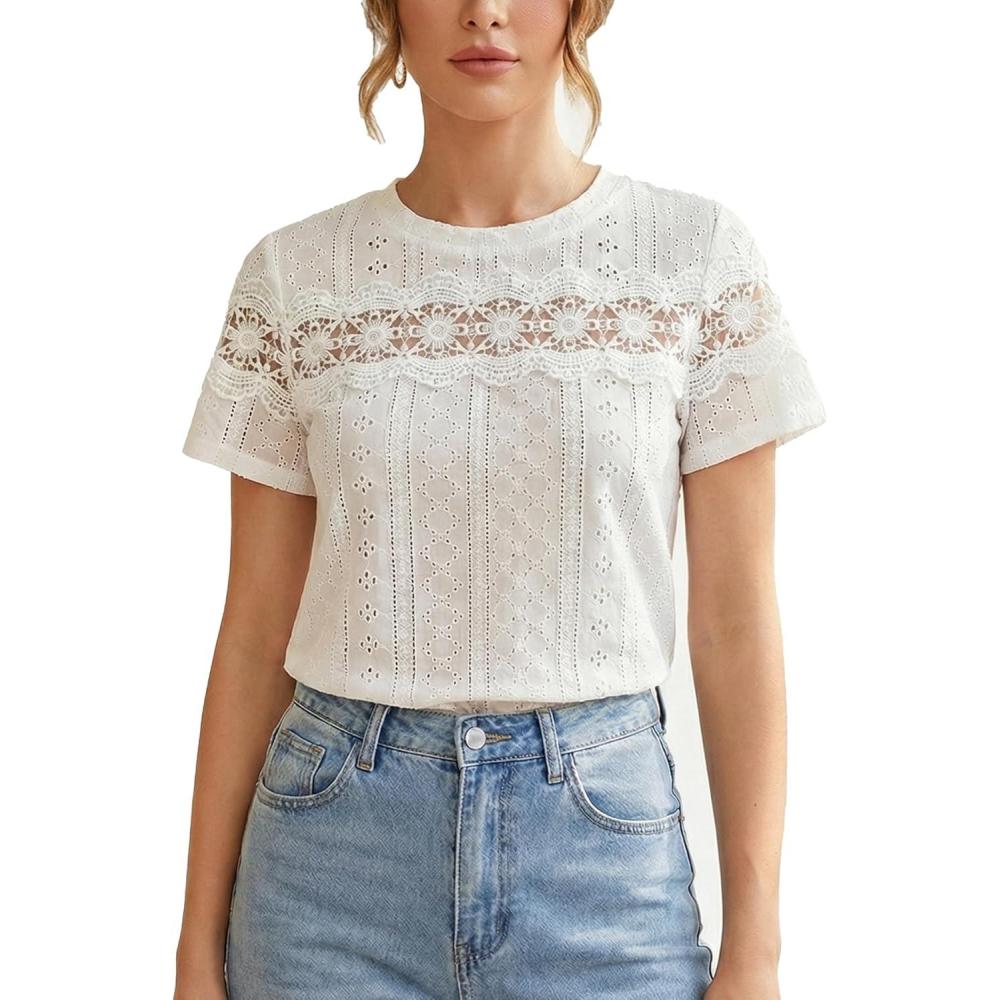 imageCUPSHE Womens Casual Short Sleeve Crew Neck Hollow Out Beach Blouse Summer Top 2026White