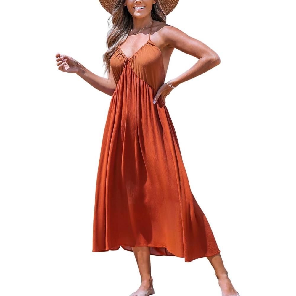 imageCUPSHE Womens Casual Sleeveless Swimsuit Cover Up Long Dress Halter Backless Beach Vacation DressesBrick Red