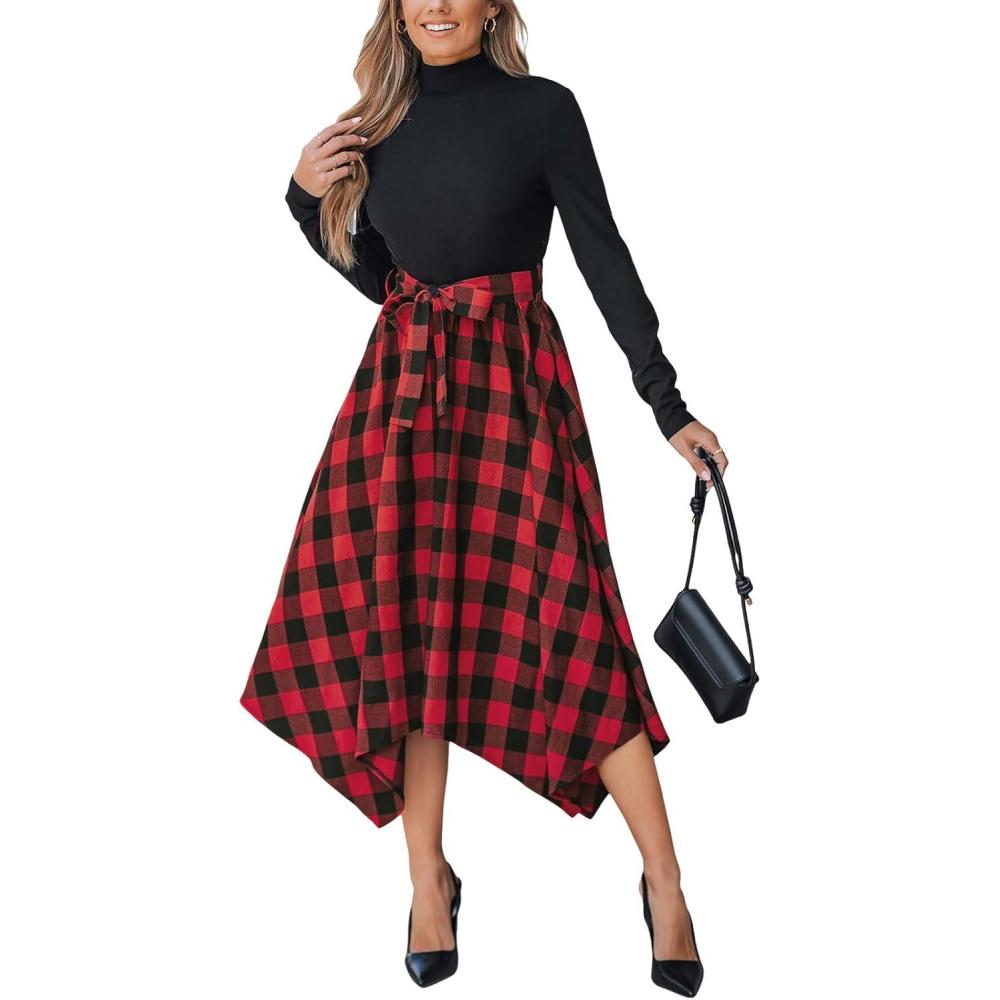 imageCUPSHE Womens Christmas Plaid Dress Holiday Long Sleeve Flowy Midi Dress Mock Neck Belted Dresses with PocketsRed Black