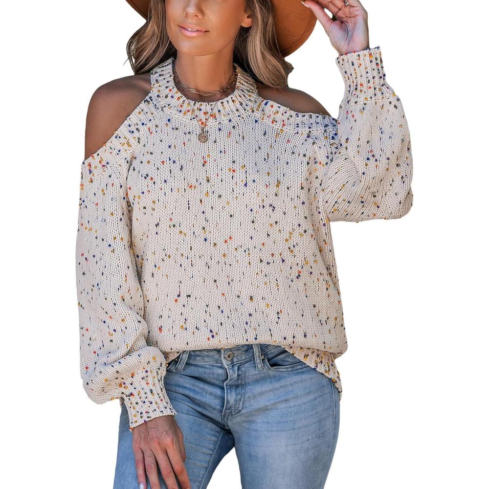 imageCUPSHE Womens Cold Shoulder Oversized Sweaters Long Sleeve Criss Cross Rainbow Pom Knit Jumper TopsBeige