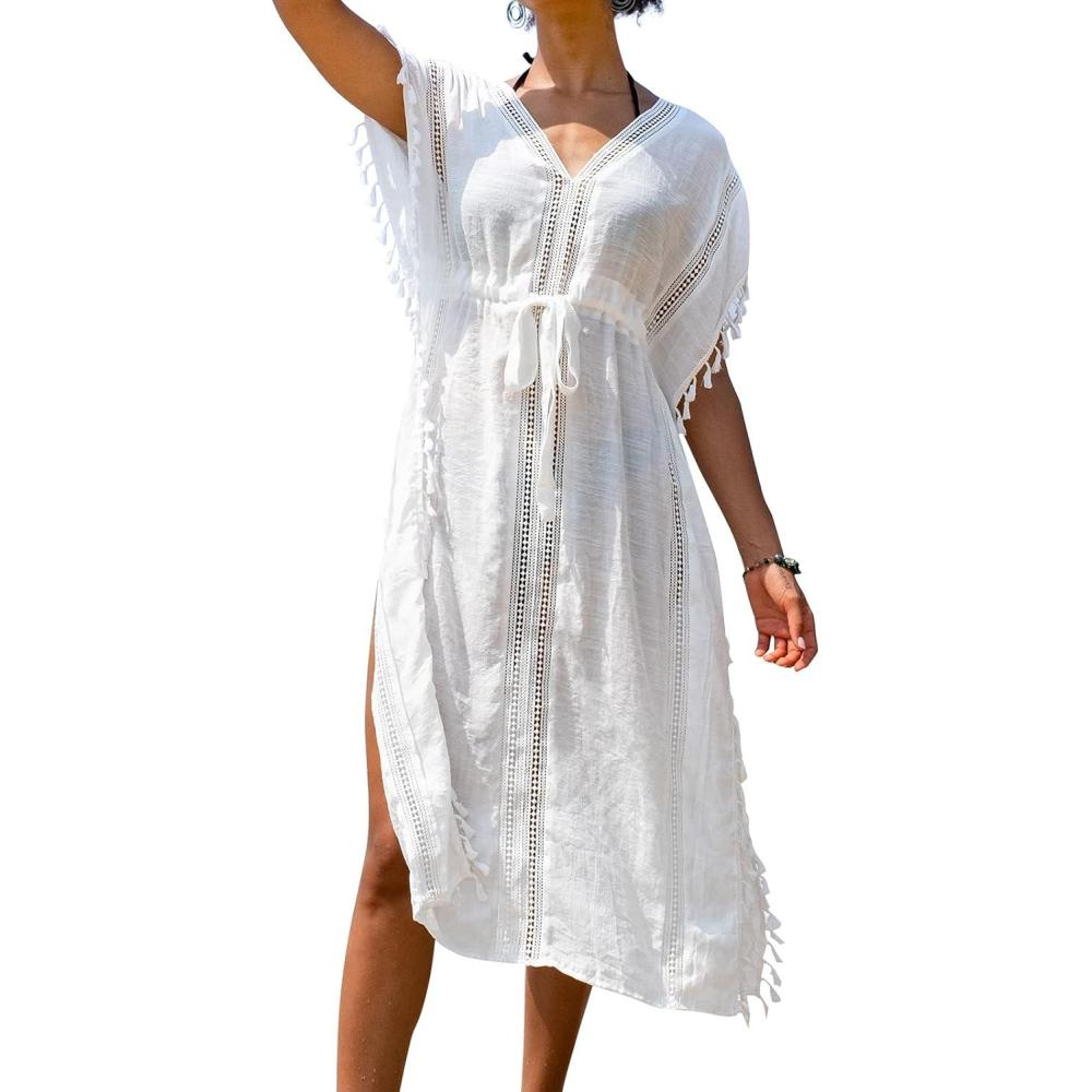 imageCUPSHE Womens Cover Up Tassel Trim Belted Midi LengthWhite