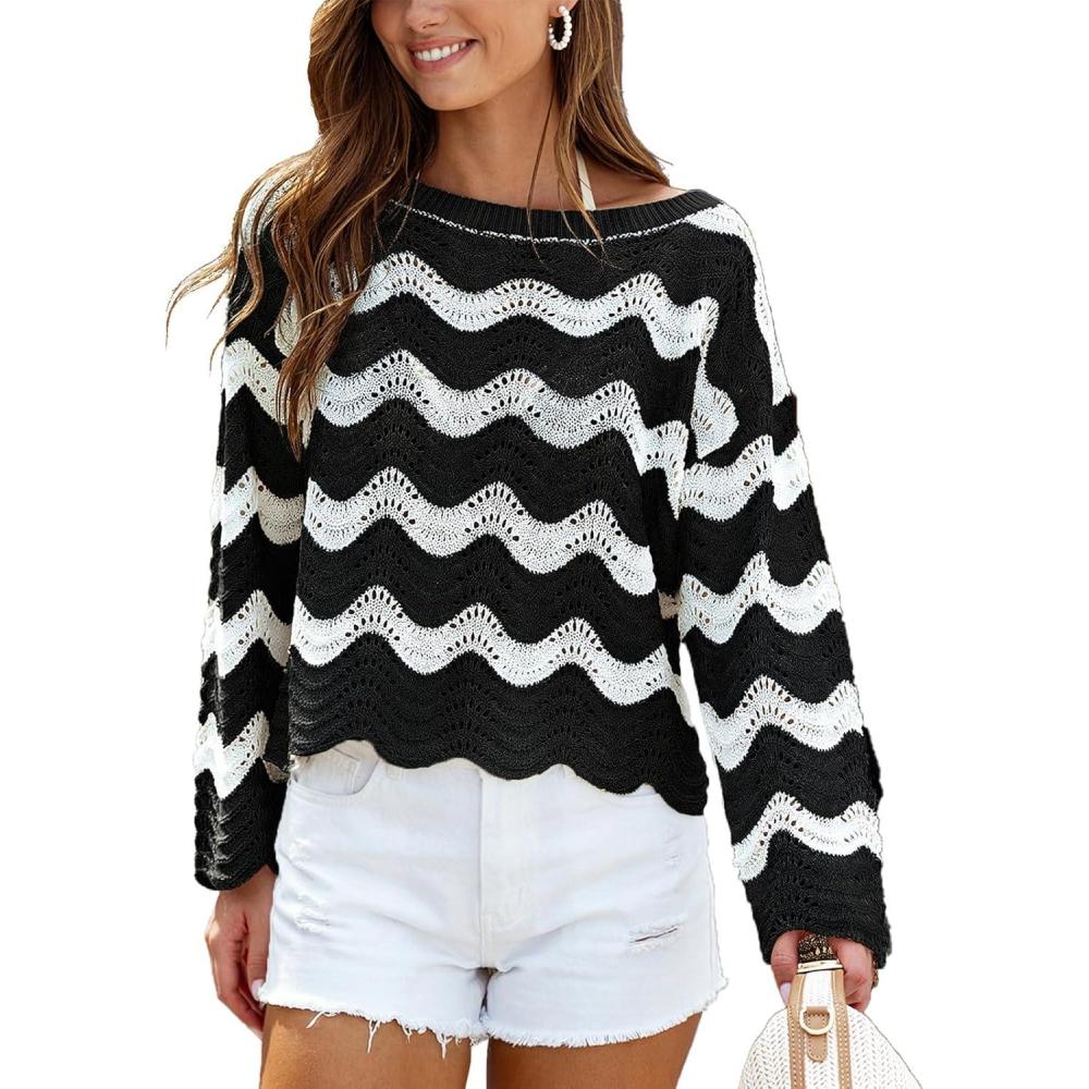 imageCUPSHE Womens Crochet Cover Up Long Sleeve Striped Beach Cover Up Top Summer Casual Knit Tops for SwimwearTop OnlyBlack Stripes