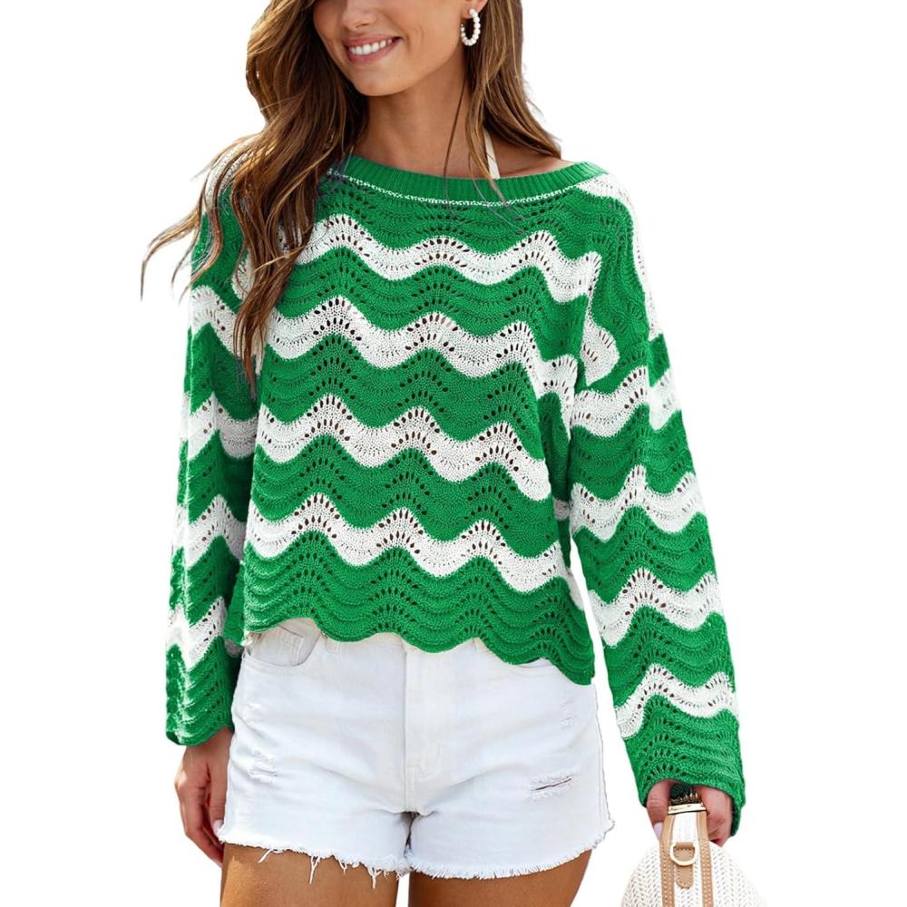 imageCUPSHE Womens Crochet Cover Up Long Sleeve Striped Beach Cover Up Top Summer Casual Knit Tops for SwimwearTop OnlyGreen Stripes
