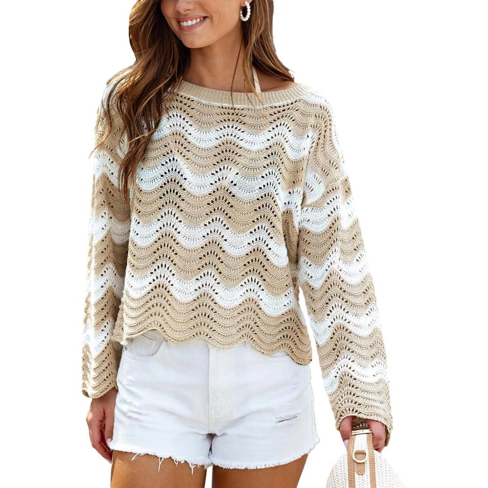 imageCUPSHE Womens Crochet Cover Up Long Sleeve Striped Beach Cover Up Top Summer Casual Knit Tops for SwimwearTop OnlyNeutral Stripes