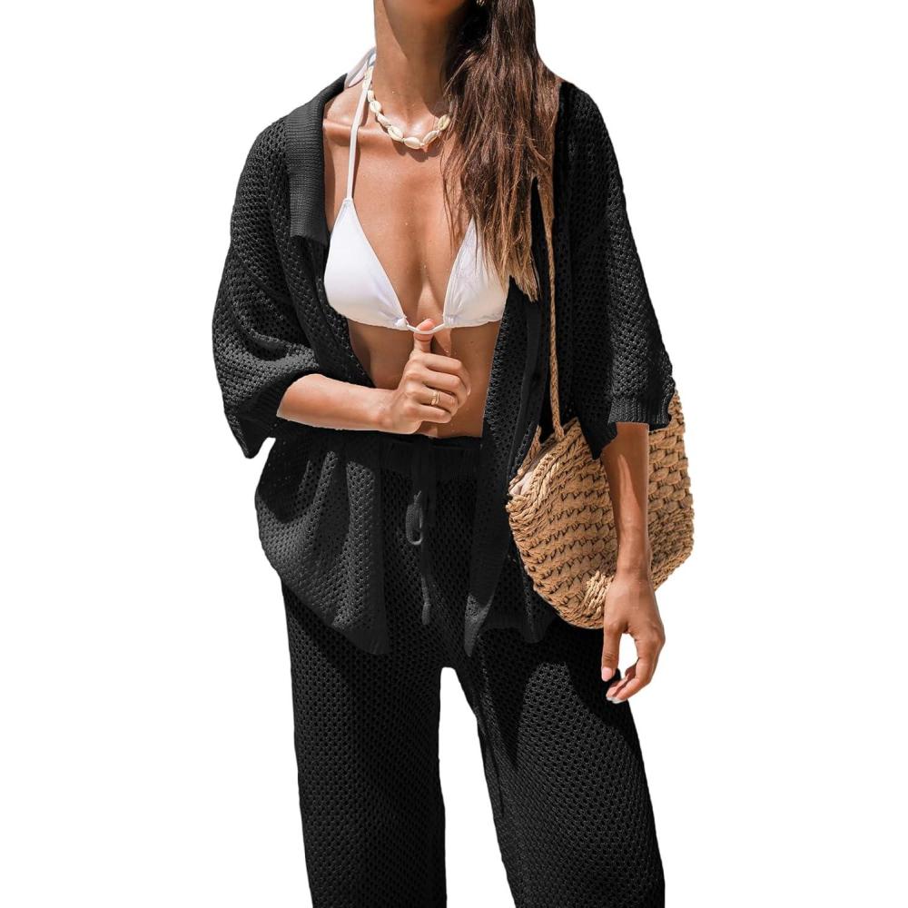 imageCUPSHE Womens Crochet Cover Up Set Button Down Hollow Out Top Long Net Pant 2 Piece BeachwearBlack