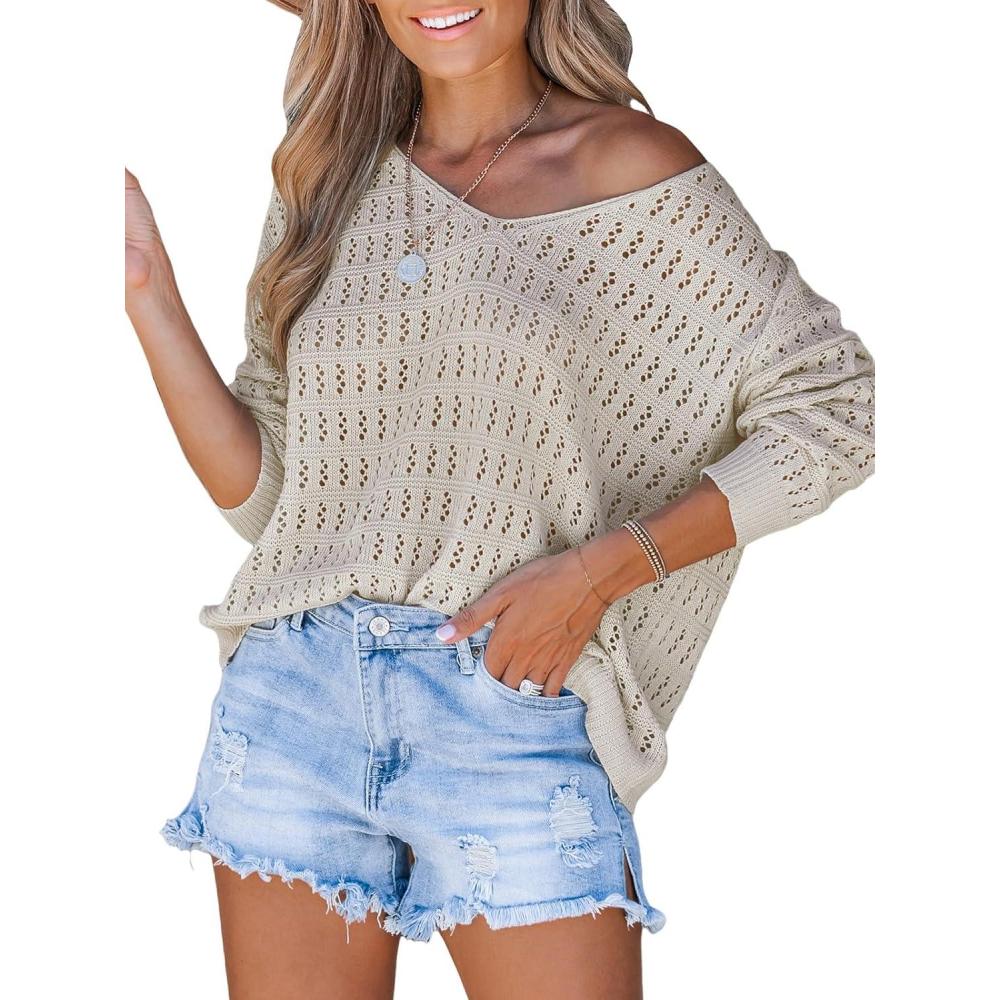 imageCUPSHE Womens Crochet Sweater Hollow Out Pullover Top Long Sleeve Lightweight Loose Knit Cover Up V Neck Boho TopsApricot