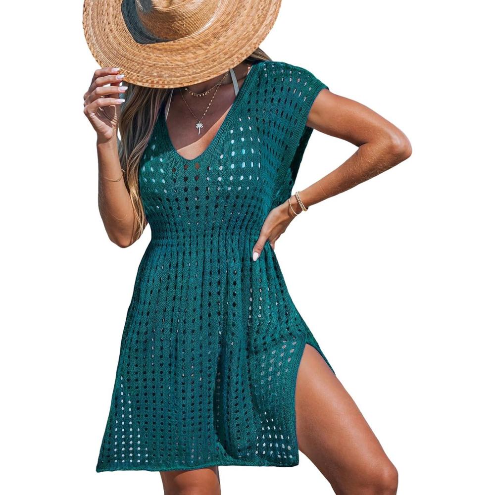 imageCUPSHE Womens Crochet Swimsuit Coverup Short Sleeve V Neck Mesh Mini Dress Split Casual Knit Beach Cover UpsGreen