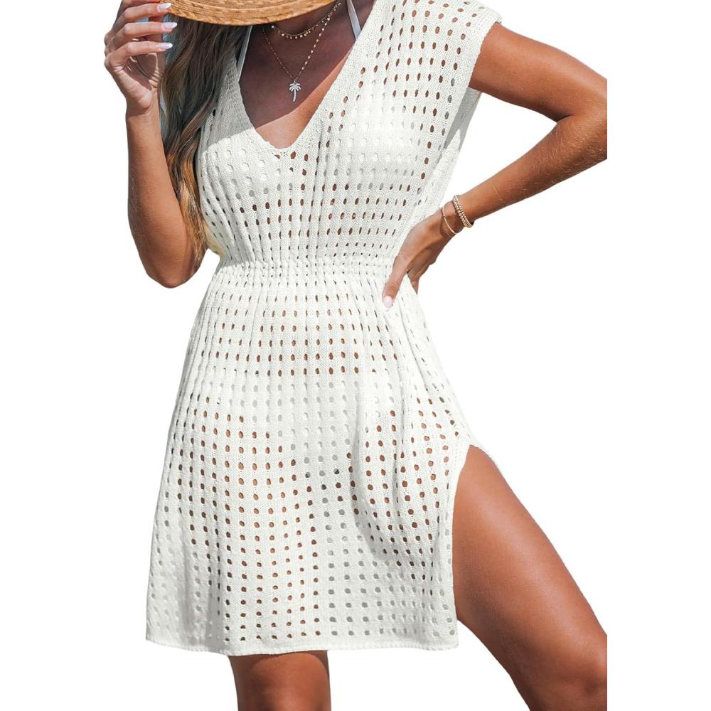 imageCUPSHE Womens Crochet Swimsuit Coverup Short Sleeve V Neck Mesh Mini Dress Split Casual Knit Beach Cover UpsWhite