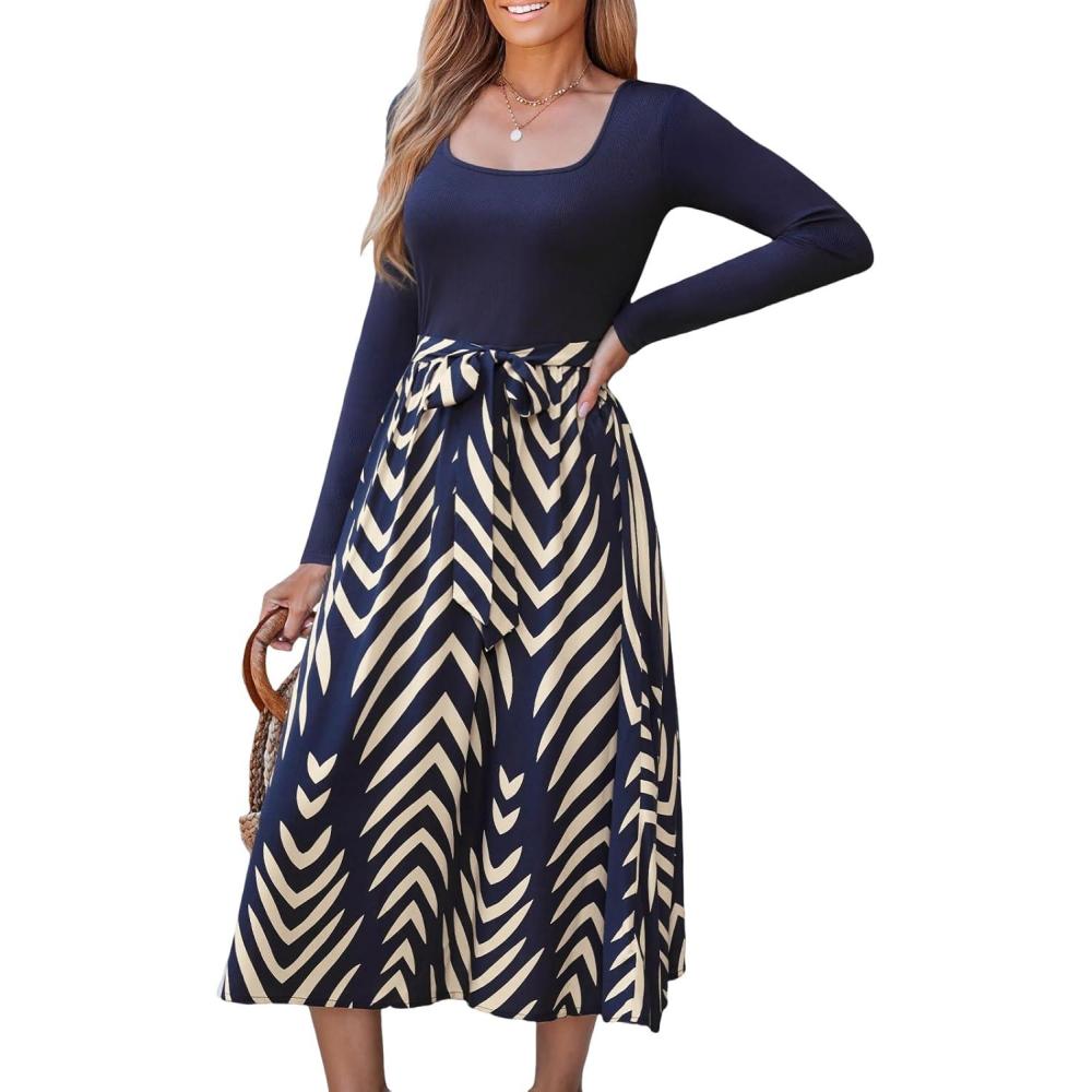 imageCUPSHE Womens Fall Casual Work Dress Long Sleeve Square Neck Waist Tie Abstract Print Midi DressesNavy Blue