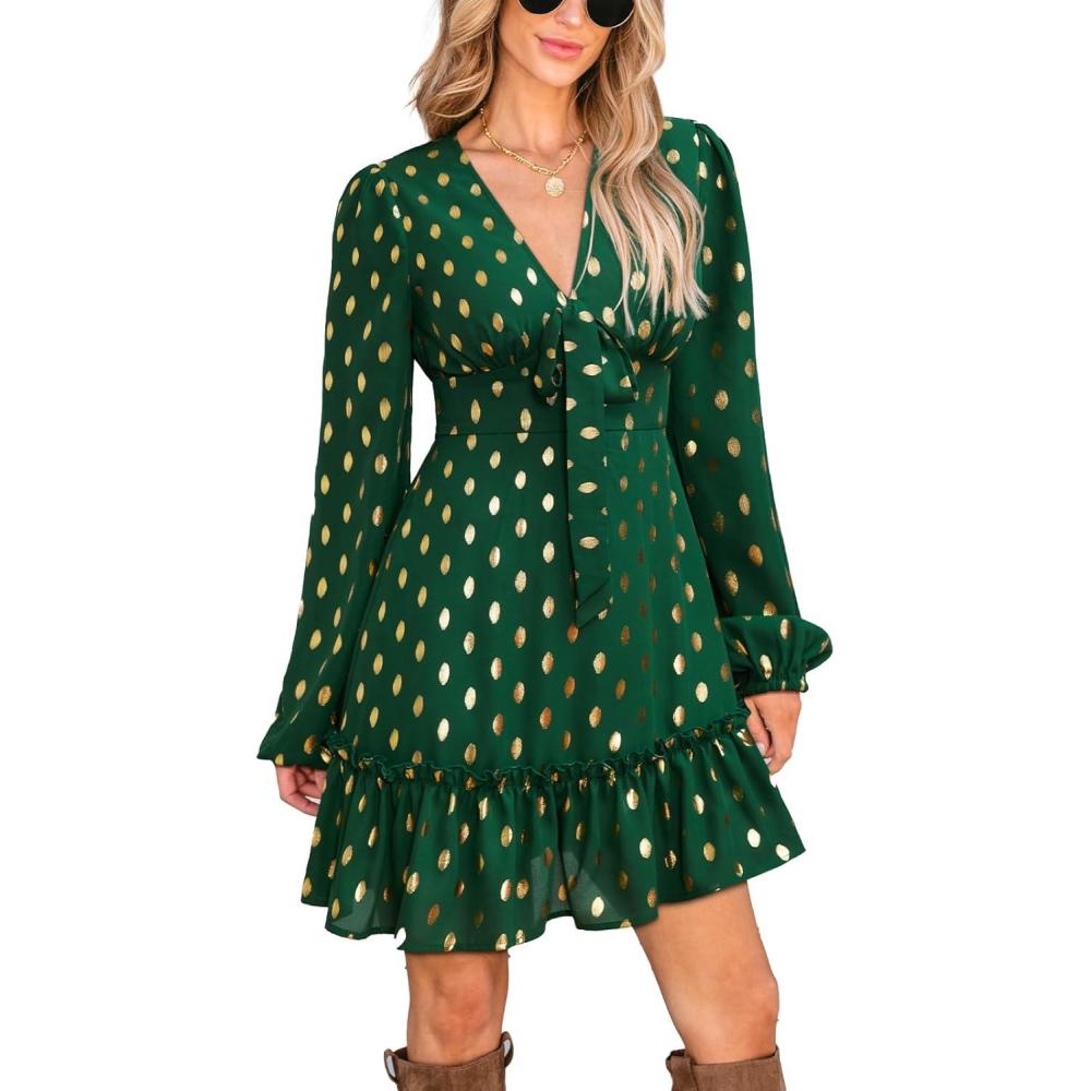 imageCUPSHE Womens Fall Christmas Holiday Mini Dress Long Sleeve Polka Dots Short Dress Smocked Bow Tie Flowy DressesGreen