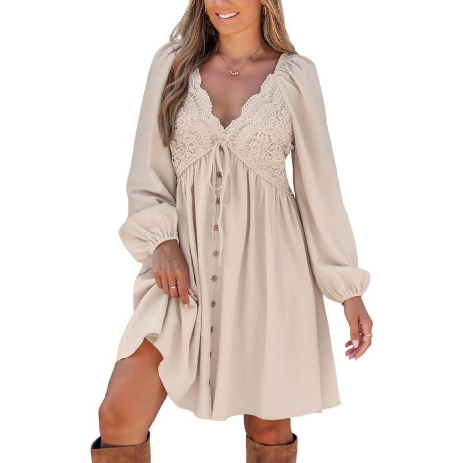 imageCUPSHE Womens Fall Dresses 100 Cotton Crochet Lace Button Front Plunging V Neck Tie Front Mini DressBeige