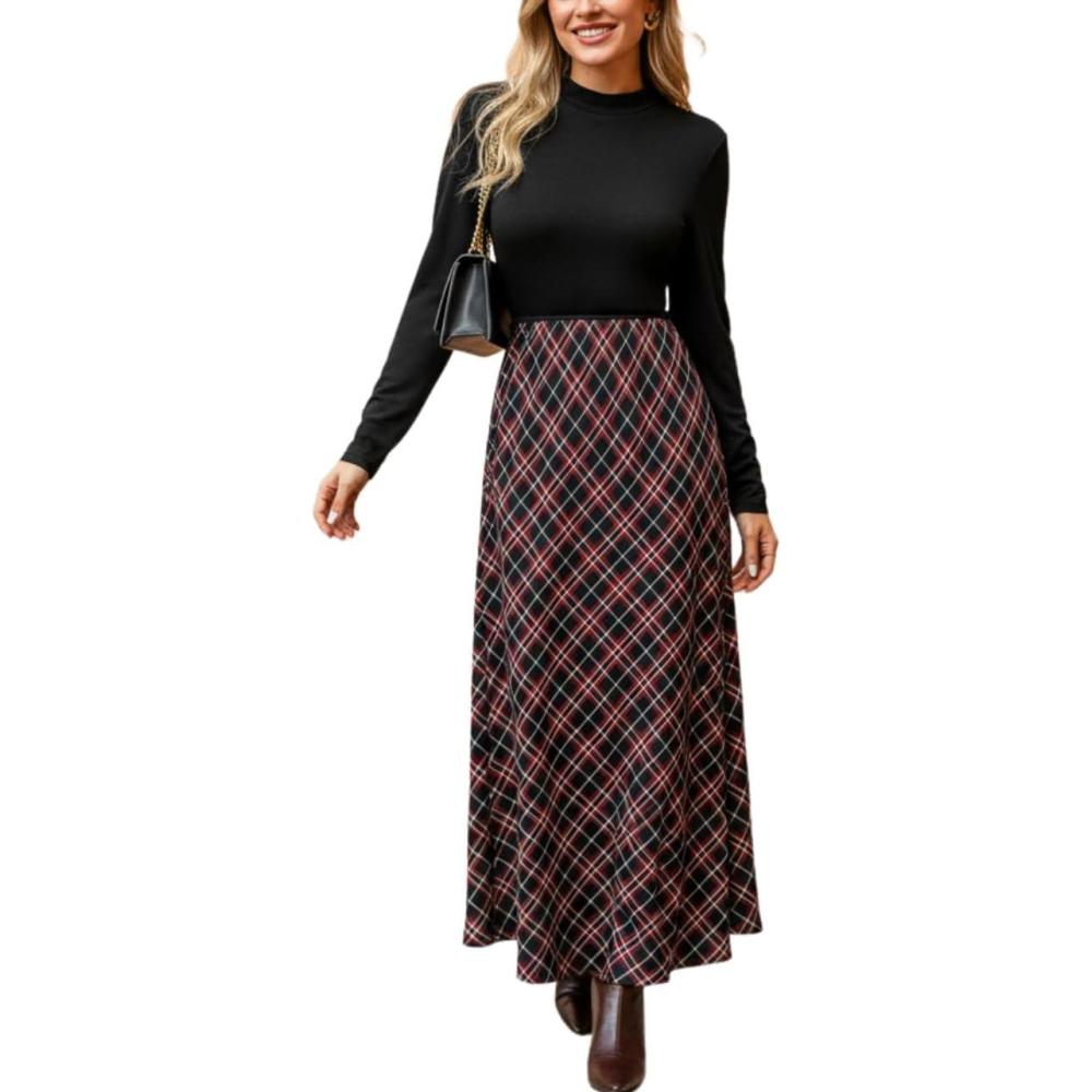 imageCUPSHE Womens Fall Dresses Plaid Long Sleeves Round Neck Casual Outfits A Line Maxi DressBlack