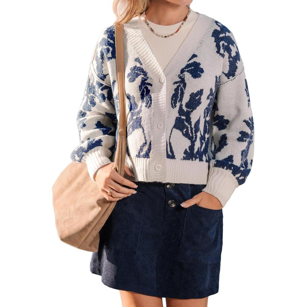 imageCUPSHE Womens Fall Floral Cardigan Sweaters Long Sleeve Open Front Button Down Knit V Neck Sweater Coat OutwearBlue