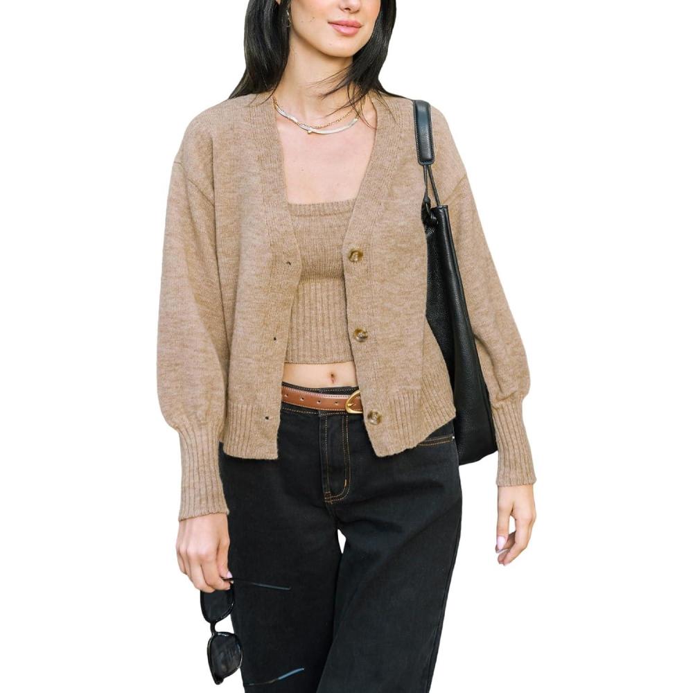 imageCUPSHE Womens Fall Lightweight Cropped Cardigan V Neck Puff Long Sleeve Button Down Open Front SweaterKhaki