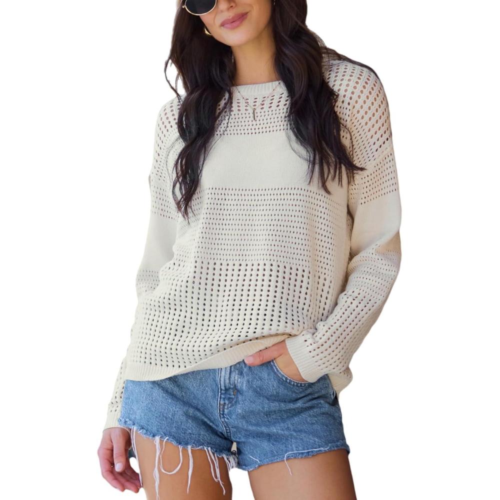 imageCUPSHE Womens Fall Lightweight Oversized Crew Neck Pullover Crochet Hollow Out Long Sleeve Sweater TopBeige