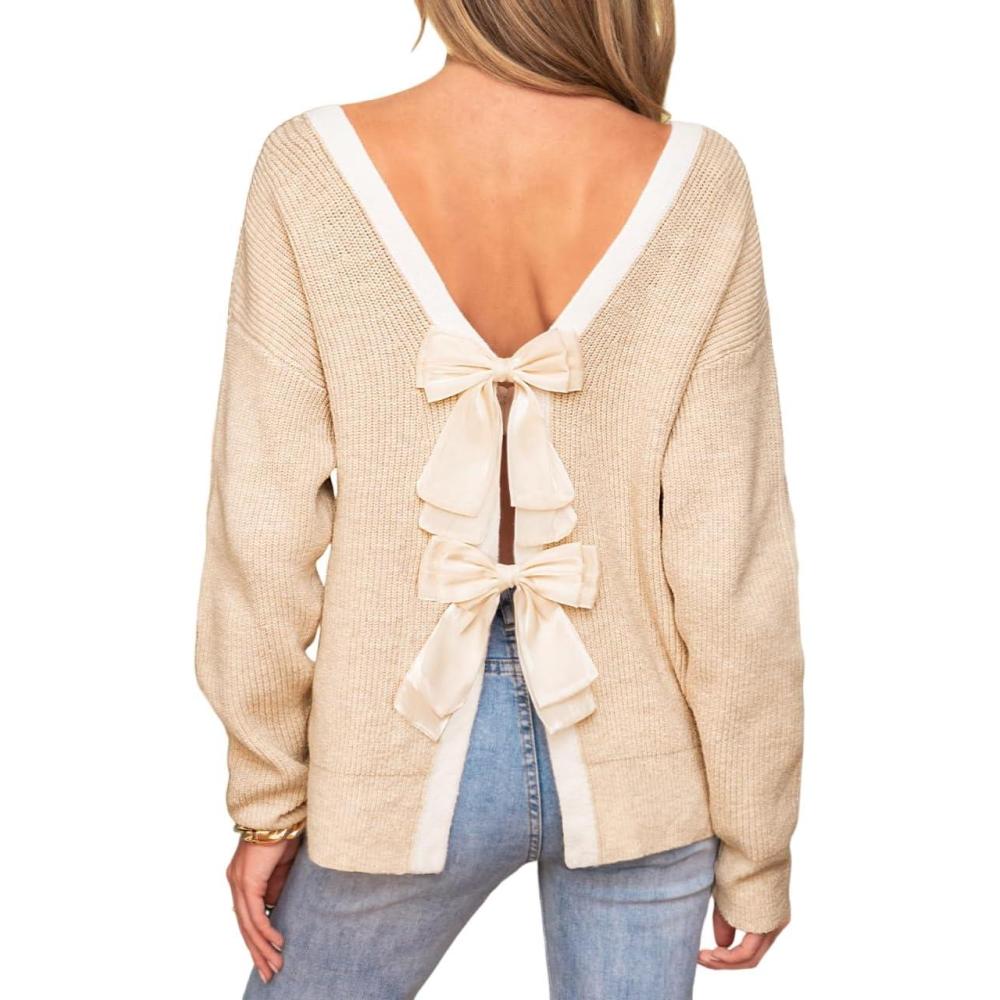 imageCUPSHE Womens Fall Pullover Top Bow Ribbed Knit Crew Neck Long Sleeve Contrast Trim SweaterBeige