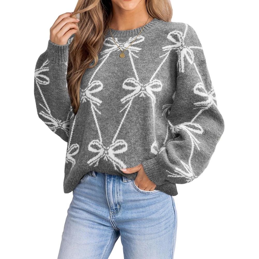 imageCUPSHE Womens Fall Sweaters Casual Bow Crew Neck Puff Long Sleeve Holiday Pullover Knitted Top SweaterGrey